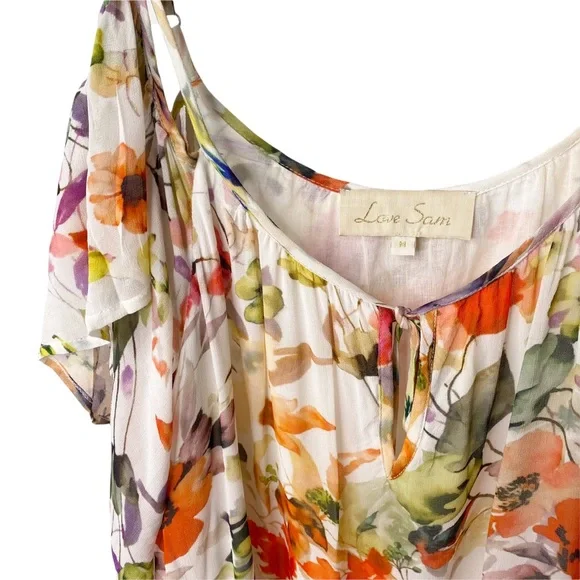 Anthropologie Love Sam Floral Cold Shoulder Flutter Sleeve Blouse Medium - Picture 4 of 12